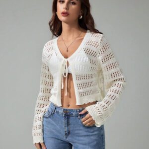 SHEIN Tall Pull tricoté décontracté à manches longues, col en V, lacets, effet ajouré, couleur unie pour femmes