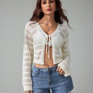 SHEIN Tall Pull tricoté décontracté à manches longues, col en V, lacets, effet ajouré, couleur unie pour femmes