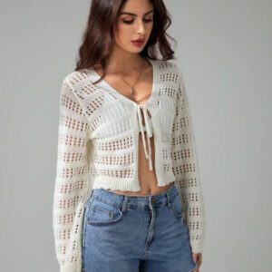 SHEIN Tall Pull tricoté décontracté à manches longues, col en V, lacets, effet ajouré, couleur unie pour femmes