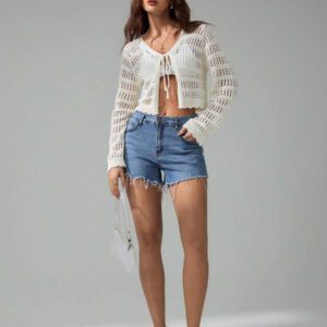 SHEIN Tall Pull tricoté décontracté à manches longues, col en V, lacets, effet ajouré, couleur unie pour femmes