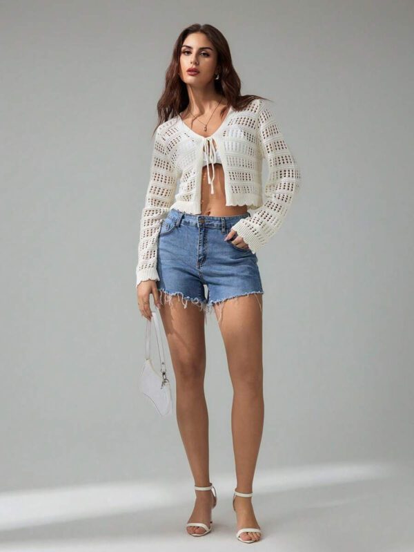SHEIN Tall Pull tricoté décontracté à manches longues, col en V, lacets, effet ajouré, couleur unie pour femmes – Image 8