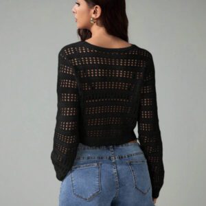 SHEIN Tall Pull tricoté décontracté à manches longues, col en V, lacets, effet ajouré, couleur unie pour femmes