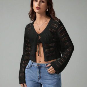 SHEIN Tall Pull tricoté décontracté à manches longues, col en V, lacets, effet ajouré, couleur unie pour femmes