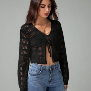 SHEIN Tall Pull tricoté décontracté à manches longues, col en V, lacets, effet ajouré, couleur unie pour femmes