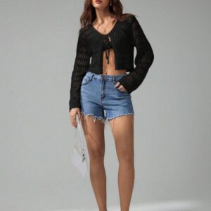 SHEIN Tall Pull tricoté décontracté à manches longues, col en V, lacets, effet ajouré, couleur unie pour femmes