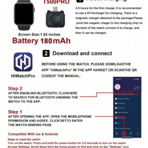 Montre Connectée Électronique Multifonctionnelle Unisexe À Écran Tactile De 1,83 Pouces Avec Bracelet En Silicone Noir, Plusieurs Modes De Sport, Appareil Photo, Notifications D'application Sociale, Suivi De Fréquence Cardiaque Et Sommeil, Connectivité, Compatible Avec Les Systèmes Android Et Ios