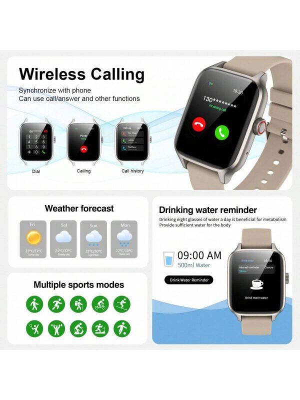 NOUVEAU Montre connectée multifonctionnelle unisexe, modes sportifs, suivi de la distance, contrôle de la musique, appareil photo à distance, appel sans fil, cadran personnalisé, rappel SMS/alarme, affichage météo, écran tactile pleine surface de 1,44", compatible avec les smartphones iOS/Android – Image 8