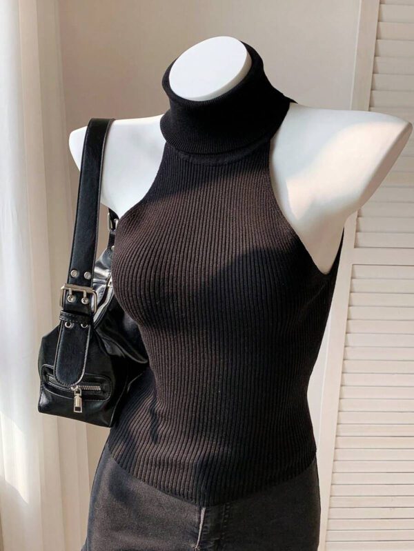 SHEIN EZwear Pull sans manches ajusté en tricot, col roulé, couleur unie, pour femmes, printemps/automne – Image 4