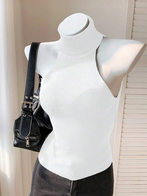 SHEIN EZwear Pull sans manches ajusté en tricot, col roulé, couleur unie, pour femmes, printemps/automne – Image 9