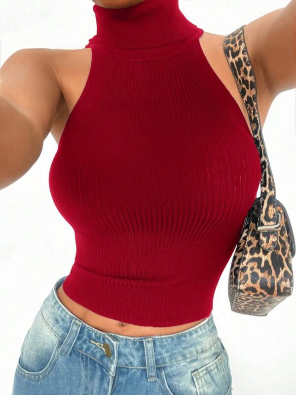 SHEIN EZwear Pull sans manches ajusté en tricot, col roulé, couleur unie, pour femmes, printemps/automne – Image 16