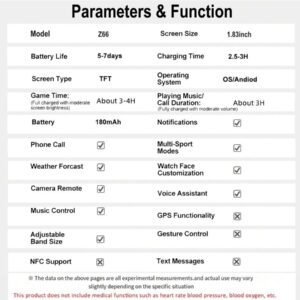 Nouvelle montre connectée de 1,83 pouces avec écran tactile complet, TFT grand écran et bracelet en silicone inclus. Plus de 100 modes sportifs, podomètre, prévisions météorologiques, appel sans fil, batterie 180mAh, notifications, caméra à distance, musique sans fil, fond d'écran personnalisable. Convient comme cadeau pour les étudiants, les personnes âgées, les amoureux, les amis