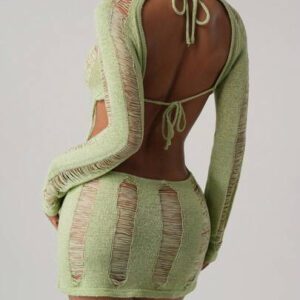 SHEIN ICON Femmes Top tricoté de couleur unie, col rond, manches raglan, manches longues, déchiré, sexy, ajusté, dos nu