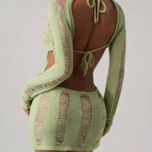 SHEIN ICON Femmes Top tricoté de couleur unie, col rond, manches raglan, manches longues, déchiré, sexy, ajusté, dos nu