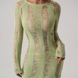 SHEIN ICON Femmes Top tricoté de couleur unie, col rond, manches raglan, manches longues, déchiré, sexy, ajusté, dos nu
