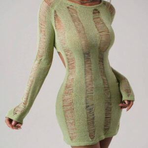 SHEIN ICON Femmes Top tricoté de couleur unie, col rond, manches raglan, manches longues, déchiré, sexy, ajusté, dos nu