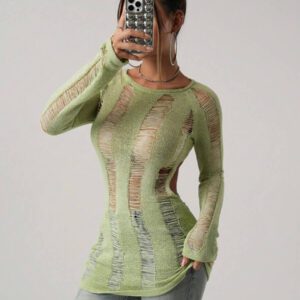 SHEIN ICON Femmes Top tricoté de couleur unie, col rond, manches raglan, manches longues, déchiré, sexy, ajusté, dos nu