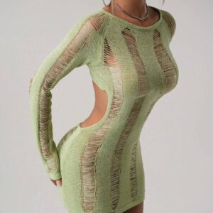 SHEIN ICON Femmes Top tricoté de couleur unie, col rond, manches raglan, manches longues, déchiré, sexy, ajusté, dos nu