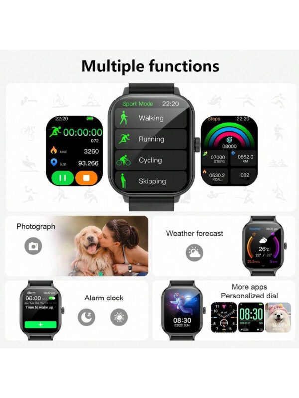 1 pièce Montre intelligente de sport en silicone unisexe, appels, comptage des pas, suivi des calories, de la distance, modes multisports, alarme, rappel d'appel et de message, écran tactile HD 2,01", compatible avec Android et iOS – Image 5