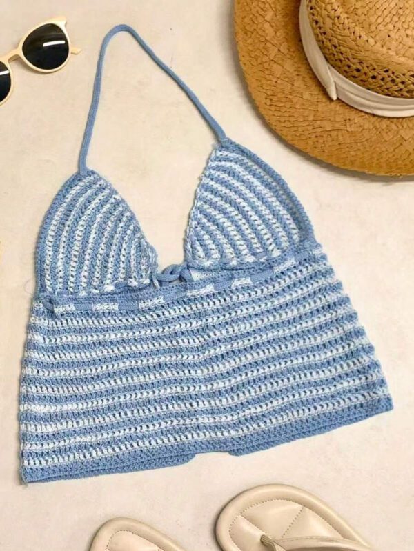 INAWLY Top tricoté à encolure dégagée et laçage avant court rayé pour femmes en vacances – Image 3