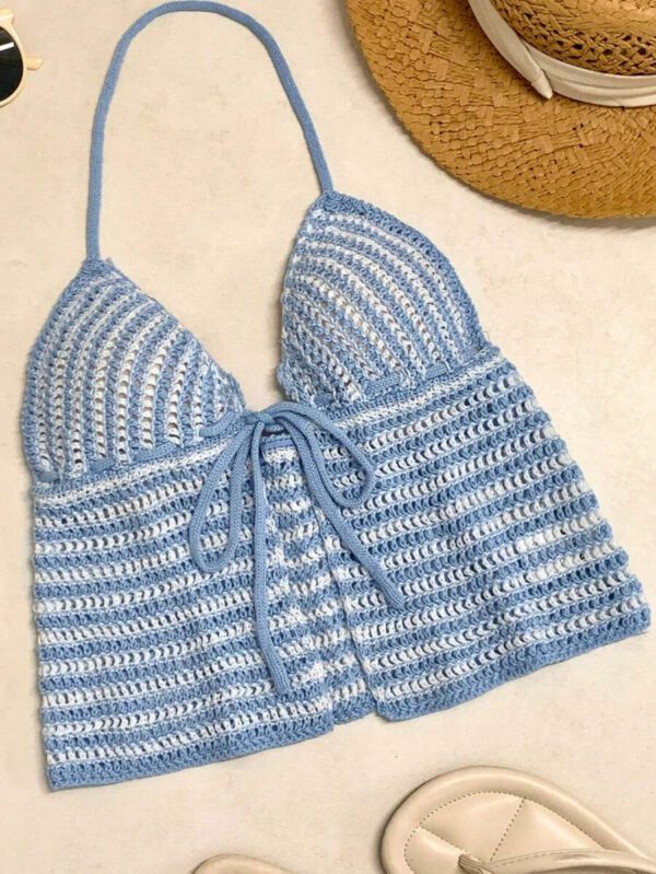 INAWLY Top tricoté à encolure dégagée et laçage avant court rayé pour femmes en vacances – Image 4