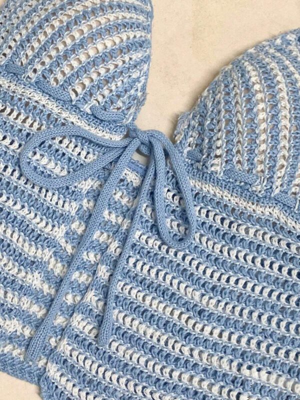 INAWLY Top tricoté à encolure dégagée et laçage avant court rayé pour femmes en vacances – Image 5