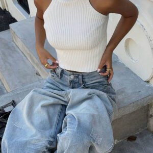 Flirla Top en tricot casual ajusté sans manches de couleur unie col roulé pour femme