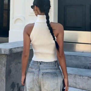 Flirla Top en tricot casual ajusté sans manches de couleur unie col roulé pour femme