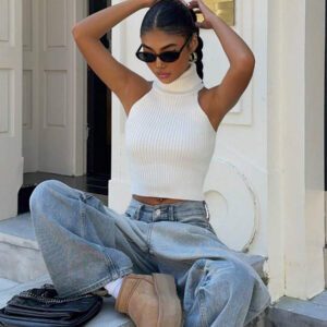 Flirla Top en tricot casual ajusté sans manches de couleur unie col roulé pour femme