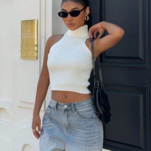 Flirla Top en tricot casual ajusté sans manches de couleur unie col roulé pour femme