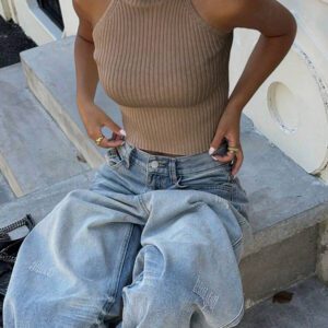 Flirla Top en tricot casual ajusté sans manches de couleur unie col roulé pour femme