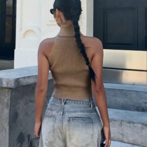 Flirla Top en tricot casual ajusté sans manches de couleur unie col roulé pour femme