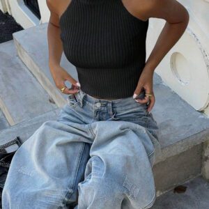 Flirla Top en tricot casual ajusté sans manches de couleur unie col roulé pour femme