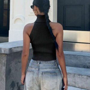Flirla Top en tricot casual ajusté sans manches de couleur unie col roulé pour femme
