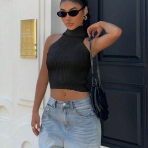Flirla Top en tricot casual ajusté sans manches de couleur unie col roulé pour femme