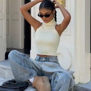 Flirla Top en tricot casual ajusté sans manches de couleur unie col roulé pour femme