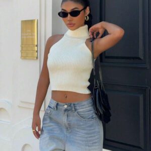 Flirla Top en tricot casual ajusté sans manches de couleur unie col roulé pour femme