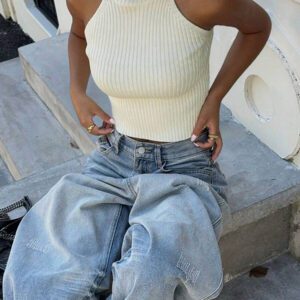 Flirla Top en tricot casual ajusté sans manches de couleur unie col roulé pour femme