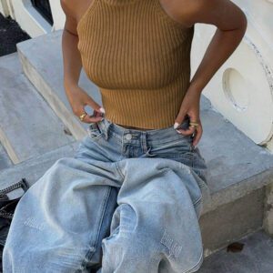Flirla Top en tricot casual ajusté sans manches de couleur unie col roulé pour femme