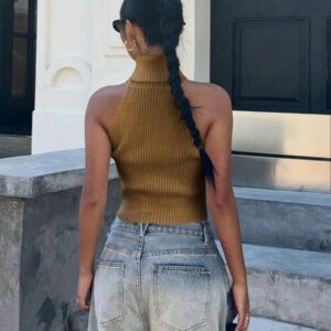 Flirla Top en tricot casual ajusté sans manches de couleur unie col roulé pour femme