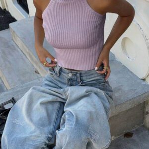 Flirla Top en tricot casual ajusté sans manches de couleur unie col roulé pour femme