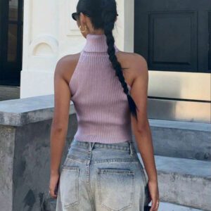 Flirla Top en tricot casual ajusté sans manches de couleur unie col roulé pour femme