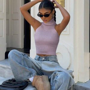 Flirla Top en tricot casual ajusté sans manches de couleur unie col roulé pour femme