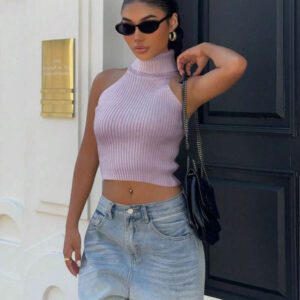 Flirla Top en tricot casual ajusté sans manches de couleur unie col roulé pour femme