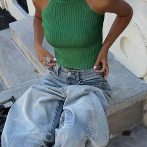Flirla Top en tricot casual ajusté sans manches de couleur unie col roulé pour femme