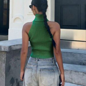 Flirla Top en tricot casual ajusté sans manches de couleur unie col roulé pour femme