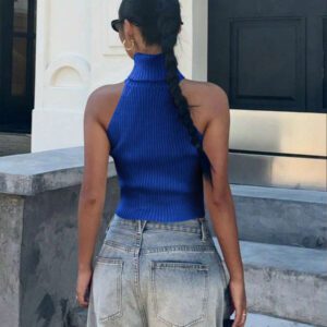 Flirla Top en tricot casual ajusté sans manches de couleur unie col roulé pour femme