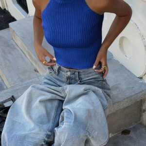 Flirla Top en tricot casual ajusté sans manches de couleur unie col roulé pour femme