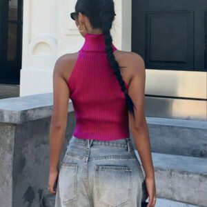 Flirla Top en tricot casual ajusté sans manches de couleur unie col roulé pour femme