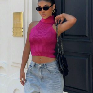 Flirla Top en tricot casual ajusté sans manches de couleur unie col roulé pour femme