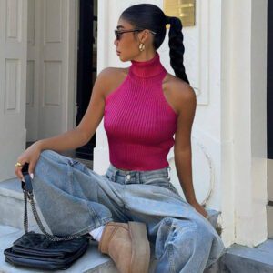 Flirla Top en tricot casual ajusté sans manches de couleur unie col roulé pour femme